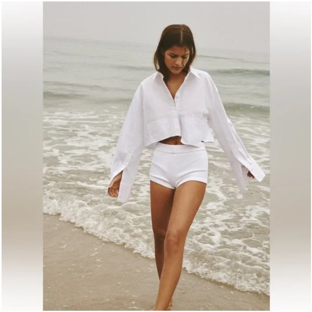 ZARA CROP POPLIN WHITE TOP - 100% COTTON BUTTON DOWN SHIRT